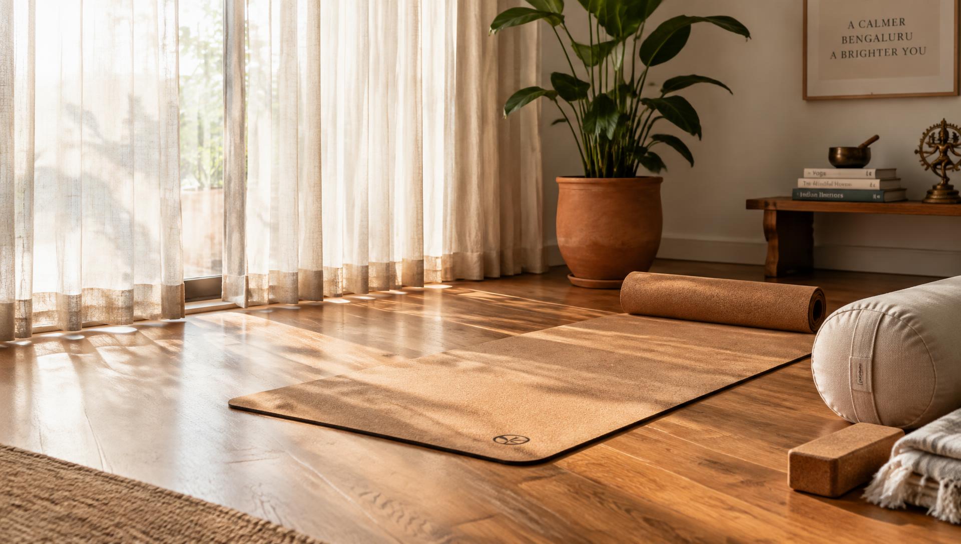 Natural cork yoga mat in a sunlit home practice space