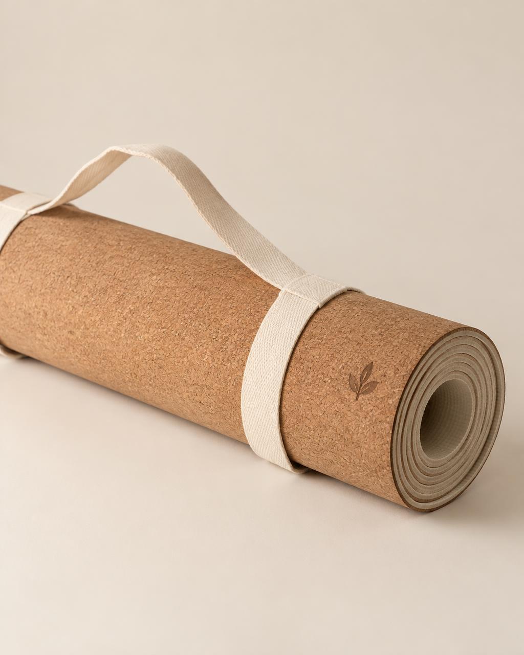 5mm cork and latex yoga mat, rolled with a cotton strap